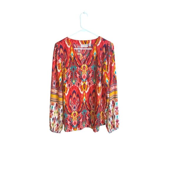 Belle by Kim Gravel Boho Blouse Sz M Multicolor Ikat Print V-Neck Long Sleeve To - Picture 1 of 4